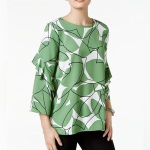 Alfani Printed Ruffle-Sleeve Top- Green
